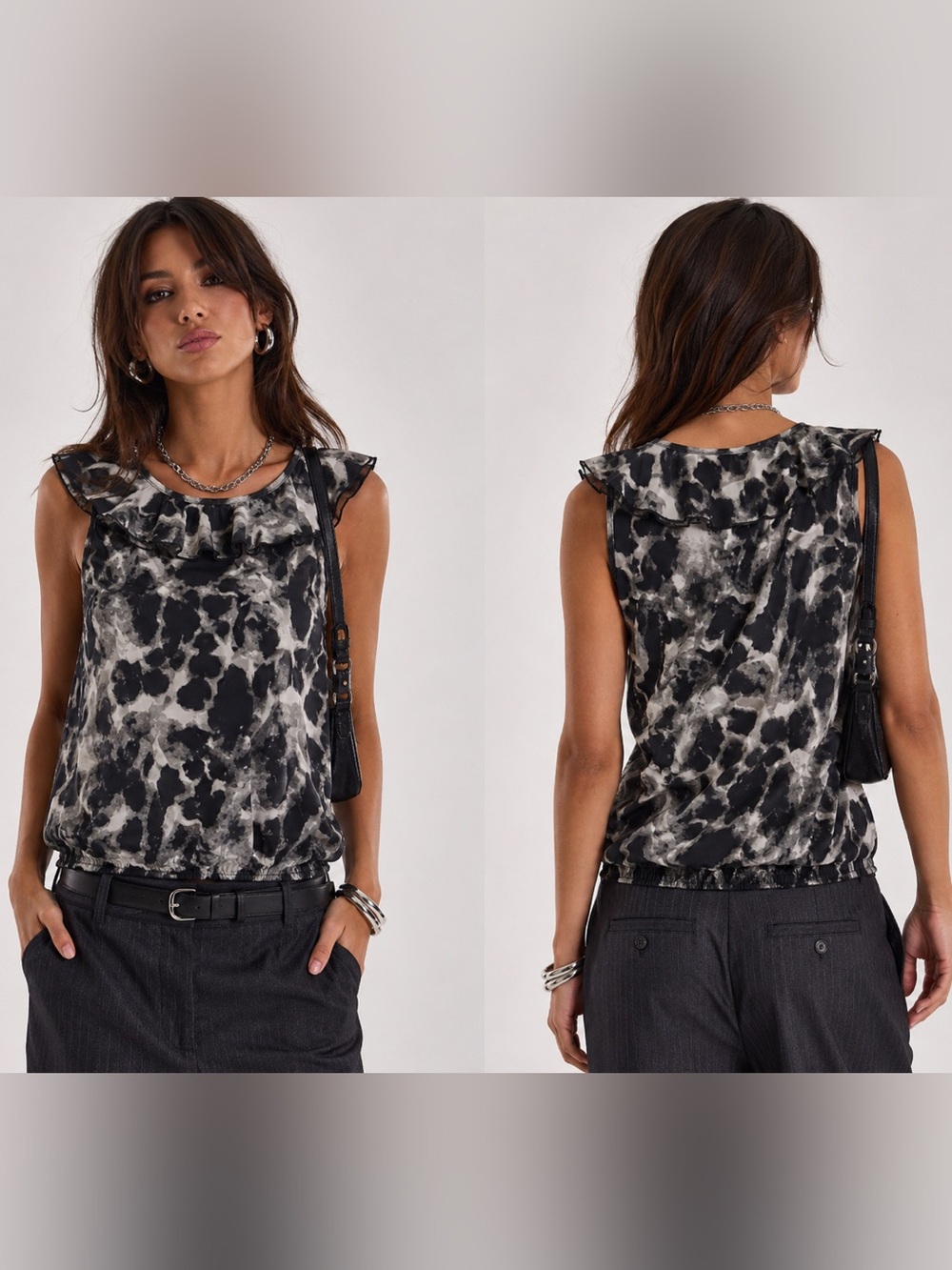 Cherish Y2K Indie Sleaze Office Black & White Ruffle Leopard Print Tank Medium